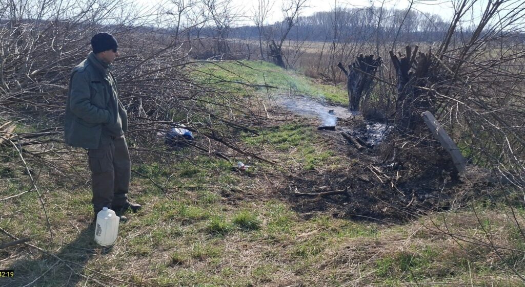 Egy külterületi, füves területen egy mezőőr áll a kép bal oldalán. Sötét sapkát, zöld kabátot és barna nadrágot visel. Előtte a földön egy fehér műanyag kanna látható. A mezőőr egy kisebb, még füstölgő égett foltot figyel, ahol elszenesedett ágak és hamu maradtak a tűz után. A környezetben száraz fű, lehullott gallyak és részben megégett növényzet található. A háttérben nyílt mező és távoli fák látszanak tiszta, napos időben. A jelenet azt mutatja be, ahogy a mezőőrök eloltották a keletkezett tüzet, és ellenőrzik, hogy a tűzfészek teljesen kialudt‑e.