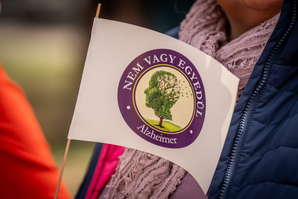 A fotón egy kéz látható, amely egy kis, fehér kézi zászlót tart. A zászló közepén kör alakú logó szerepel lila kerettel, benne a felirat: „Nem vagy egyedül – Alzheimer”. A kör közepén egy emberi fej formájú fa stilizált rajza látható: a lombkorona az agyat idézi, a törzs pedig a nyakat és a fejet formázza. A háttér elmosódott, így a figyelem teljesen a zászlóra és az üzenetre irányul. A kép a közösségi összefogást és a támogatást hangsúlyozza az Alzheimerrel élők számára.