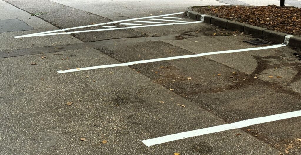 Frissen felfestett fehér parkolóhely-jelölések láthatók egy aszfaltozott parkolóban, esős időben. A vízszintes és átlós fehér vonalak élesen rajzolódnak ki a nedves, foltos, egyenetlen burkolatú aszfalton. A parkolósorok végén ferde csíkozással jelölt tiltott terület látható. A jobb oldalon szegélykő, esőlap és lehullott falevelek láthatók.