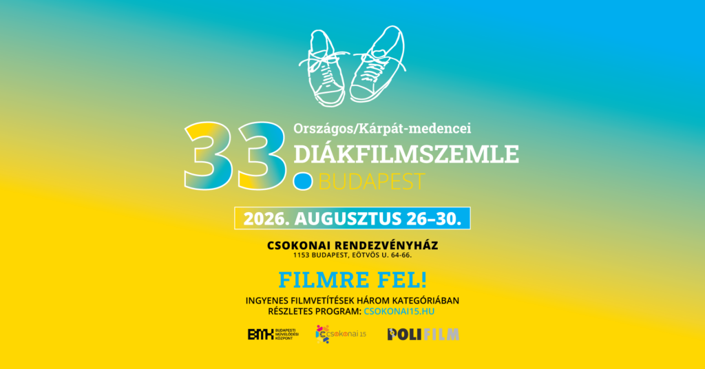 Felül türkiz, alul citromsárga feliratos, szinátmenetes kis poszter, a szöveg fülött fehérrel rajzolva egy pár befelé csámpásan álló tornacipő.