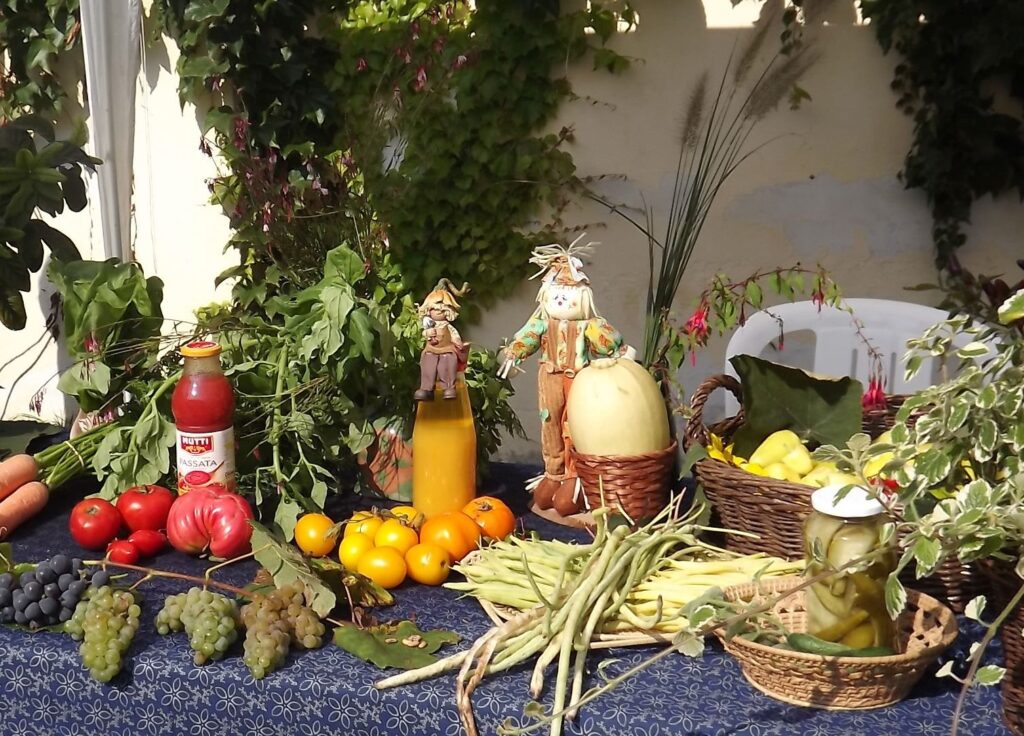 Világos, fehér mintás terítővel borított asztalon szőlő, paradicsom, narancssárga répa és paradicsomlé látható. Két kis madárijesztő figura is díszíti az asztalt. A háttérben borostyánszínű fal látható. Az asztal mögött egy kissé belóg egy fehér műanyag szék.