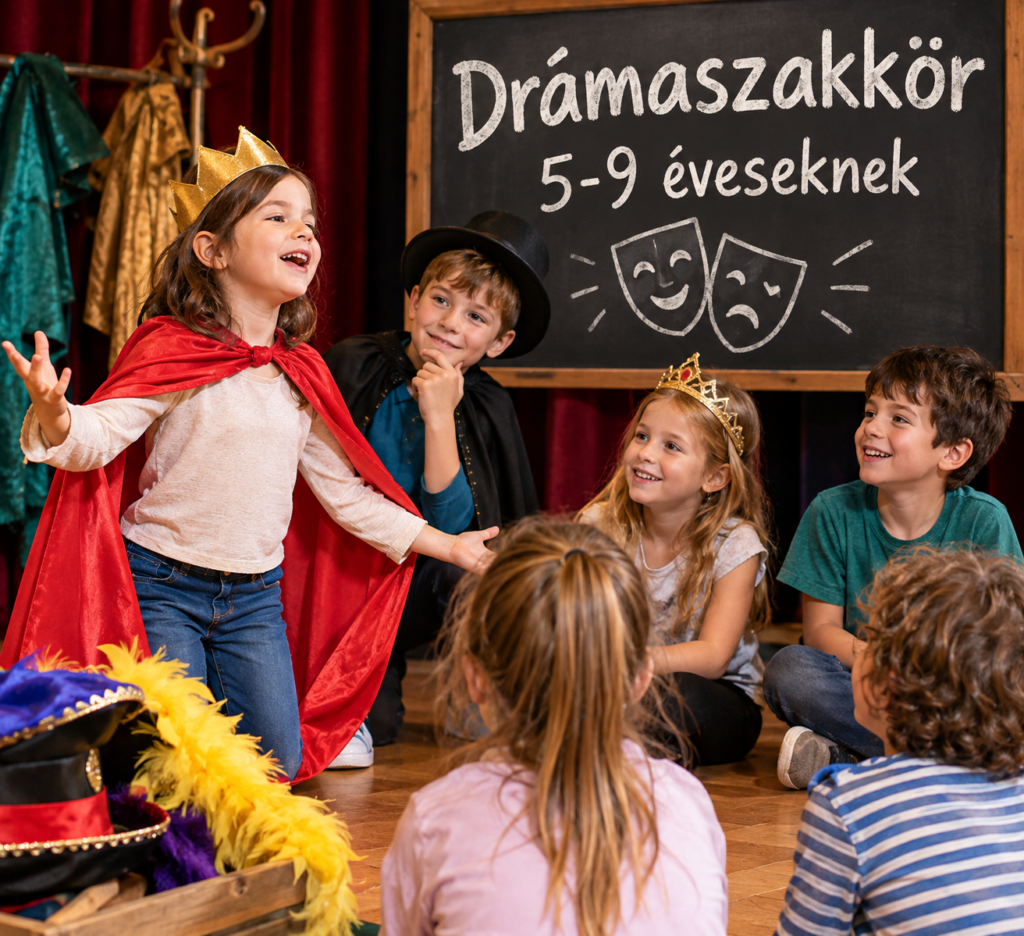 Gyerekek a parkettán körben ülve játszanak színházasat. Egyikök a bal szélen koronát, és palástként a vállára terített piros drapériát visel. Mellette, a nézővel szemben egy kisfiún cilinder. Bal oldalt a háttérben és elöl a bal sarokban színes kelmék, jelmezek, tollboa. Jobbra fönt egy keretes iskolai tábla felirattal: Drámaszakkör 5-9 éveseknek.