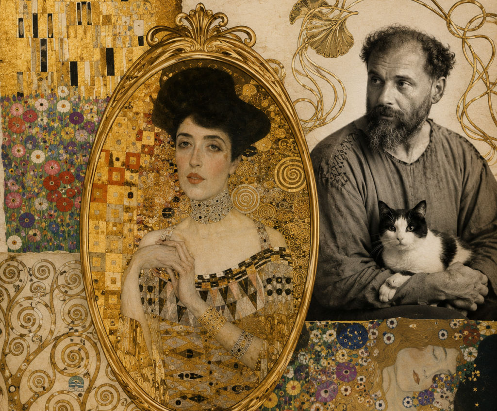 Montázs Klimt alkotásaiból, ovális keretben a hölgy aranyban kép középen, jobbra fönt pedig Klimt egy fekte fehér fotón, karjában cicával.