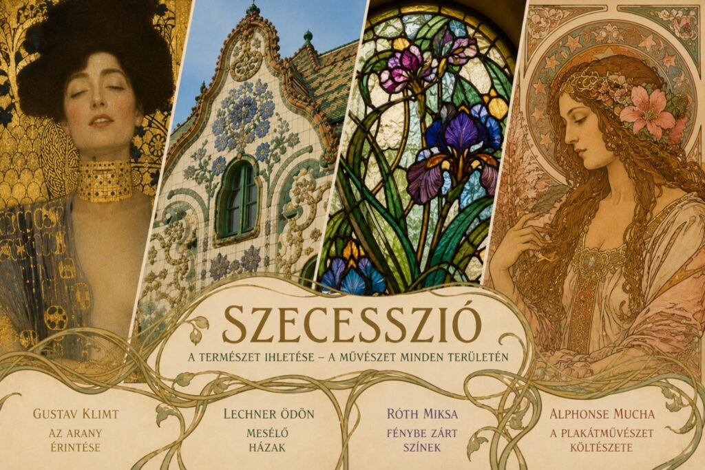 Szecesszios stílusú montázs, a felső kétharmadban Klimt, Lechner Ödön, Róth Miksa és Mucha alkotásai, alul keretekben az alkotók neve és a hozzájuk kapcsolódó foglalkozások címe.