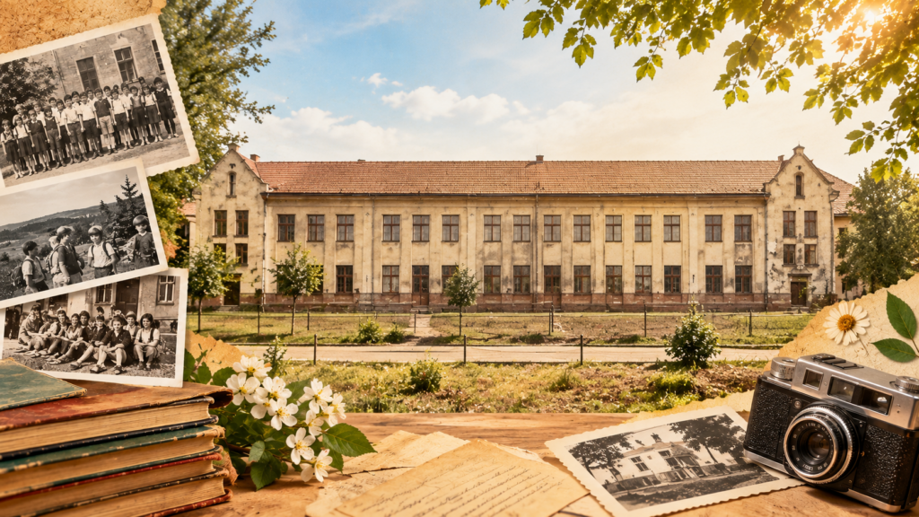 Fotó montázs, MI tartalom. Egy régi kétszintes épület szép, magas, keskeny ablakokkal, amik hámasával közlebb állnak egymáshoz. Az épület szélein a bejárati részek külön torony szerű benyomást keltenek, mert itt keskenyebbek az ablakok, illetve a tetőnek a többi részen csak egy lejtő síkja látszik, itt "fordul" és A alakot képez az épületrész fölött. A kép előterében és szélein fényképezőgép, régi könyvek vagy kemény borítójú füzetek, fekete fehér fotók, szép kézírással írt megsárgult levél.