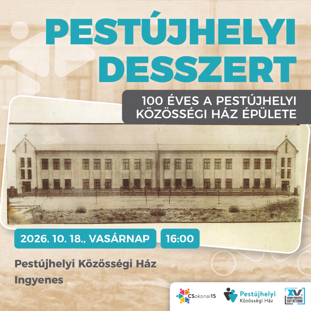 Posztkép, a rendezvény időpontjának, helyszínének megjelölésével. A shzín barnás sárgás, mint a kép közepén található régi fotó a Pestújhelyi Közösségi Ház épületéről. A felirat egy része türkizkék.