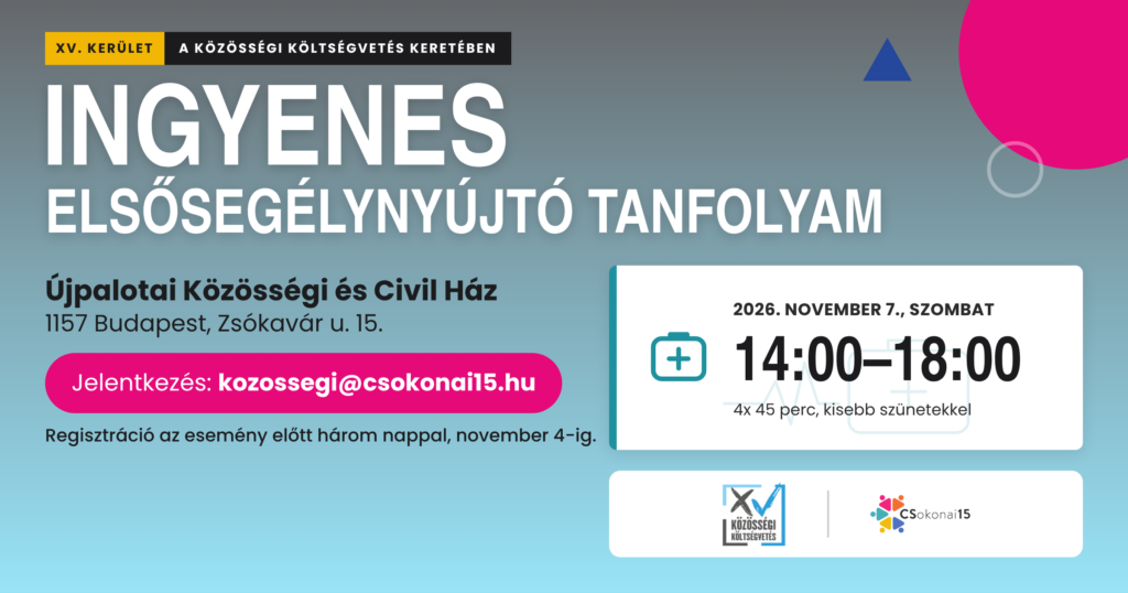 Színes, feliratos információ a tanfolyam adataival. Alapszíne szürkéskék, kiemelt részen és dekorációként a jobb fölső sarokban kör alakban pink szín.