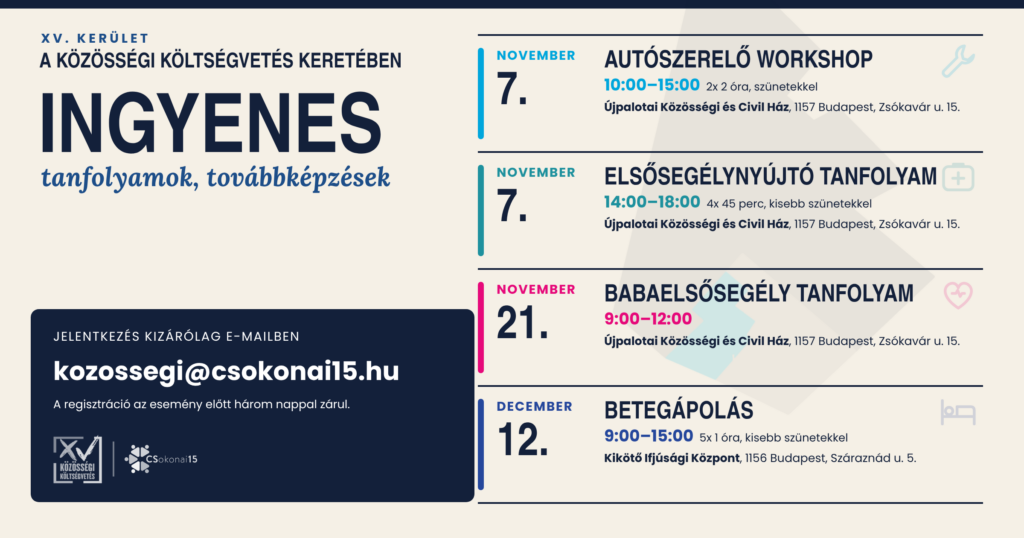 Szöveges anyag, drapp alapon söétkékkel, az egyees dátumokat türkiz, zöld, ponk é kék színekkel kiemelve a következő ingyenes tanfolyamokidőpontját, alap tudnivalóit sorolja.