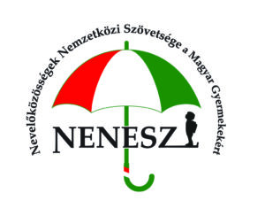 NENESZ logo. Piros fehér zöld esernyő forma, felülfélkörben és az esernyő nyelénél felirattal.