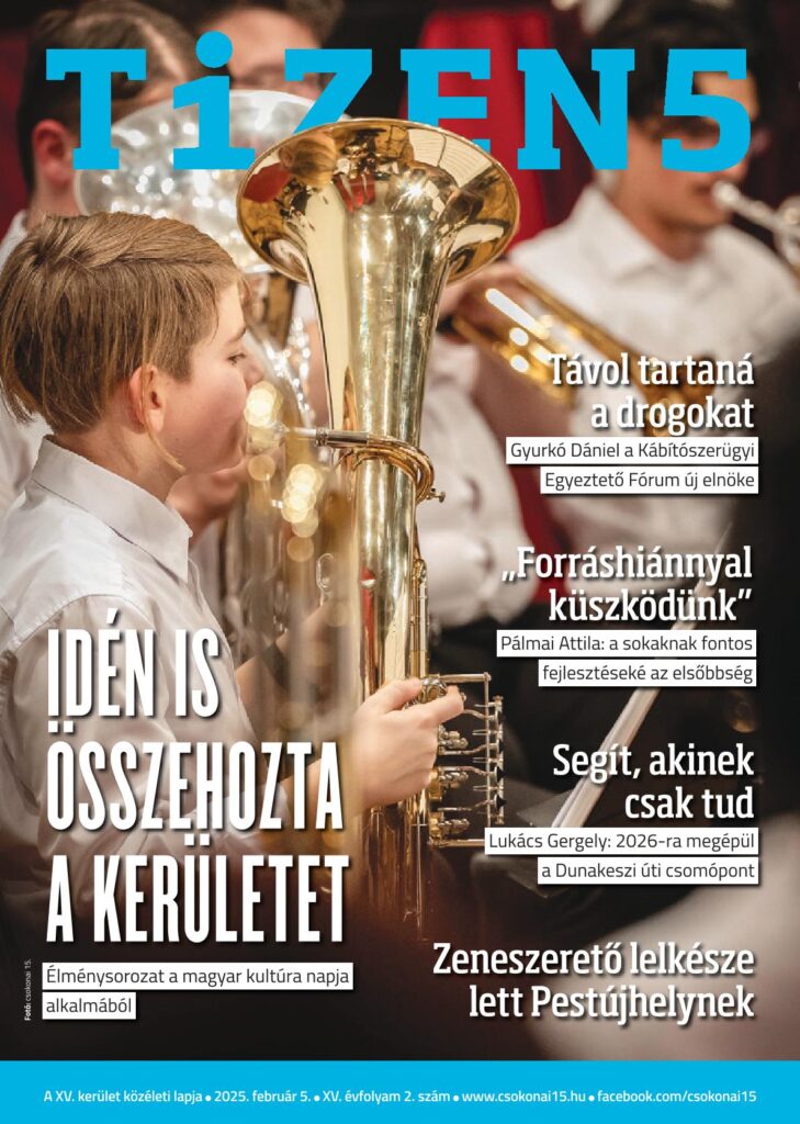 Címlap, a belső tartalmat ajánló feliratokkal. A kép a fúvószenekarról készült. bal oldalán, oldalról látható egy szőke, rövid hajú zenész nagyobb méretű hangszerével. A többiek alakja elmosódott.