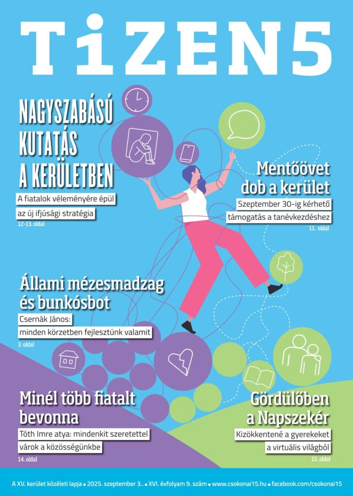 Erősen stilizált grafika, türkizkék alapon alul balra egy lila, jobbra világoszöld íves alakzat. Középen egy rózsaszín nadrágos f4hér trikós hosszú hajú női alak mellette lila és zöld kör alakú foltok, a foltokban ábrákkal: fa, óra, szív, ház, könyv... A beltartalomból a szokásos ajánló szövegek szerepelnek méga címlapon.